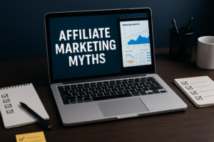 16:9 hero graphic showing “Affiliate Marketing Myths” on a laptop screen with checklists and charts.