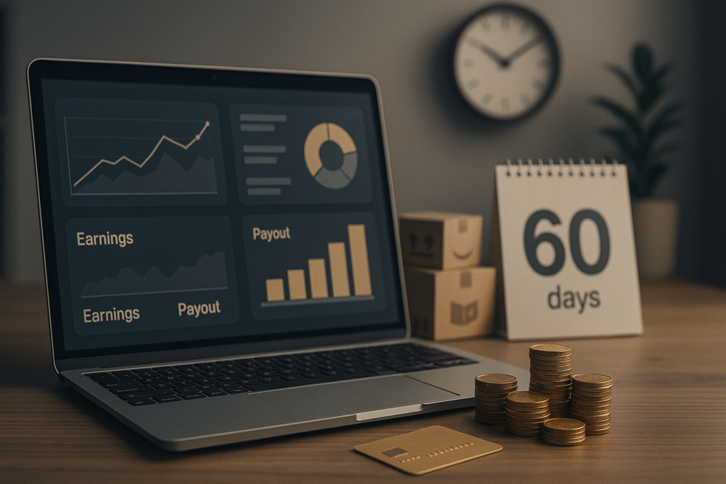 A warm-toned workspace featuring a laptop displaying affiliate earnings and payout charts, surrounded by stacked coins, small shipping boxes, a calendar, and a wall clock — representing Amazon Associates payouts and online income tracking.