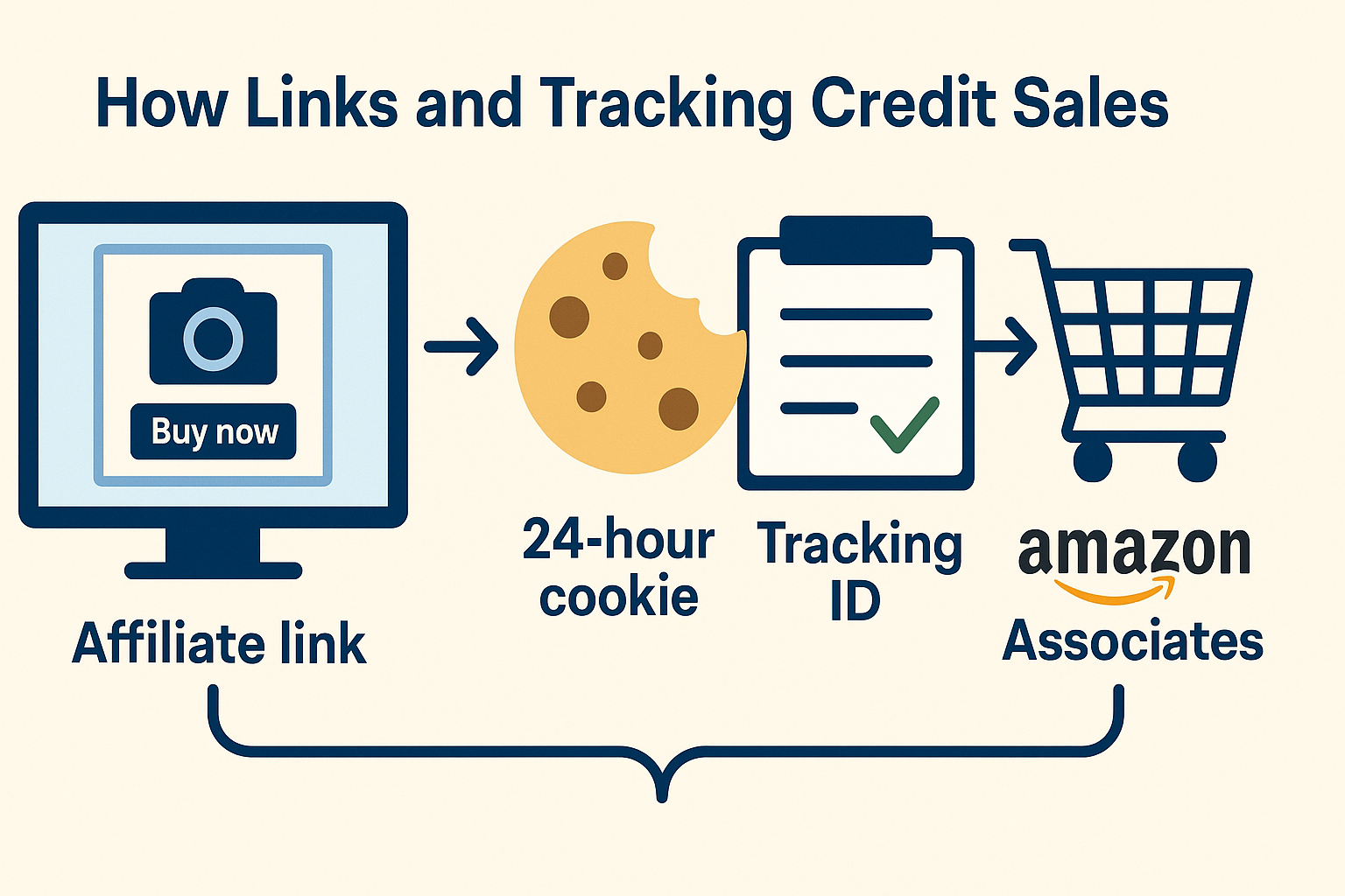 A flat-style infographic showing how Amazon affiliate link tracking works, featuring icons for an affiliate link, 24-hour cookie, tracking ID, and a shopping cart labeled Amazon Associates, connected by arrows to represent the commission process.