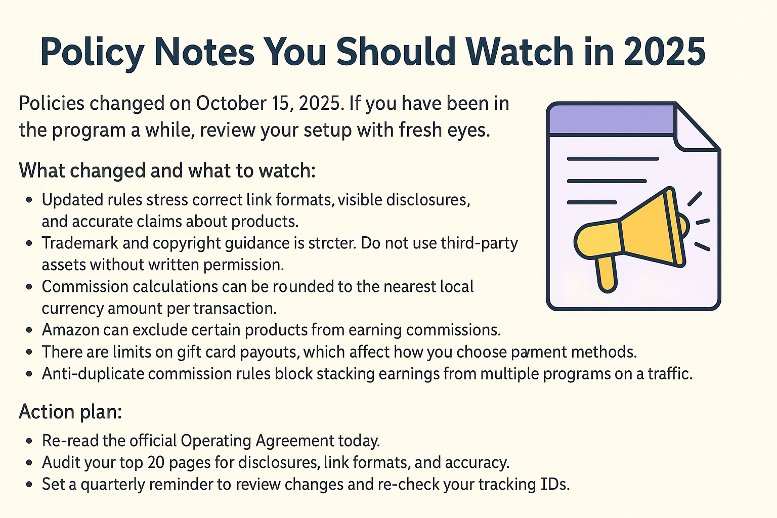 A 2D digital infographic titled “Policy Notes You Should Watch in 2025,” featuring a document with a yellow megaphone icon. The image highlights Amazon Associates policy updates, including link format rules, disclosure requirements, and commission changes effective October 15, 2025.