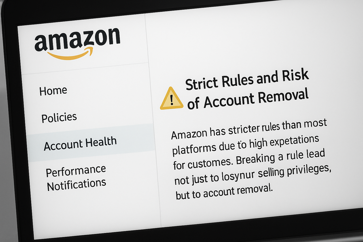 Photo of a laptop displaying Amazon Seller Central’s Account Health page with a warning about strict rules and the risk of account removal.
