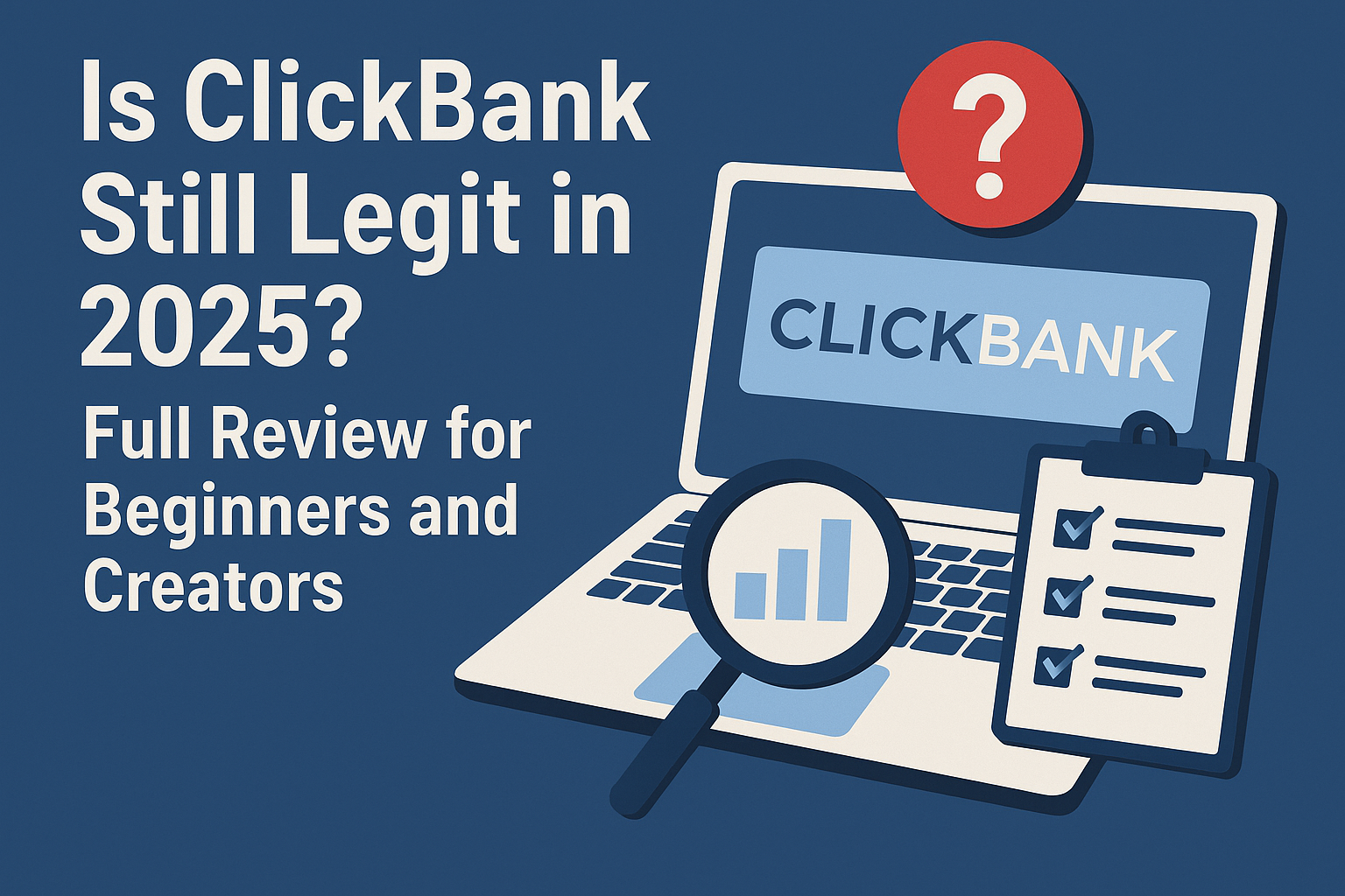 Featured image showing the text ‘Is ClickBank Still Legit in 2025? Full Review for Beginners and Creators’ with a laptop displaying the ClickBank logo, magnifying glass on a bar chart, and checklist icons on a blue background.