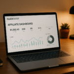 Photo of laptop showing ClickBank dashboard and analytics — visual for ClickBank review 2025.