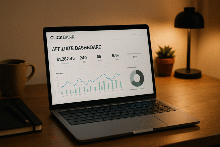 Photo of laptop showing ClickBank dashboard and analytics — visual for ClickBank review 2025.