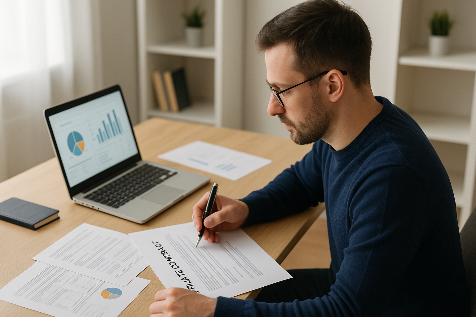 Man reviewing affiliate contracts and terms at a desk with laptop and documents.