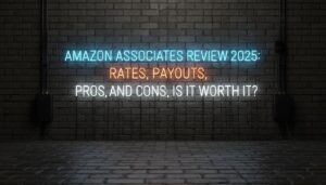 An billboard that says, Amazon Associates Review 2025: Rates, Payouts, Pros and Cons, Is It Worth It?