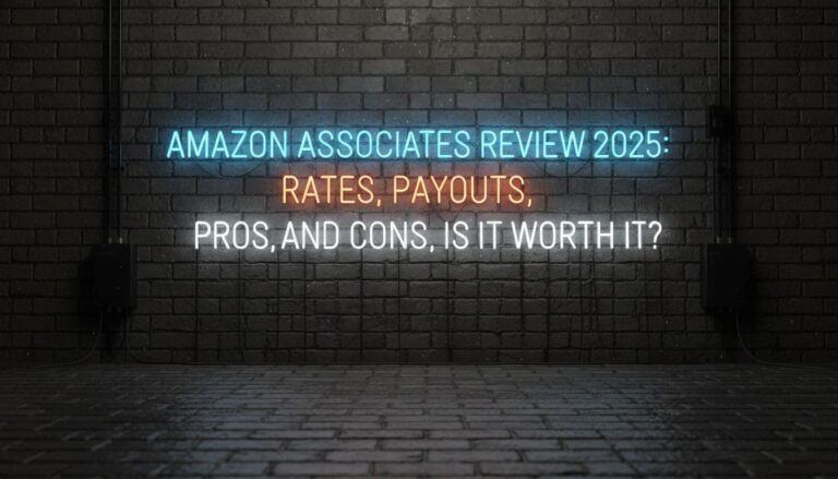 An billboard that says, Amazon Associates Review 2025: Rates, Payouts, Pros and Cons, Is It Worth It?