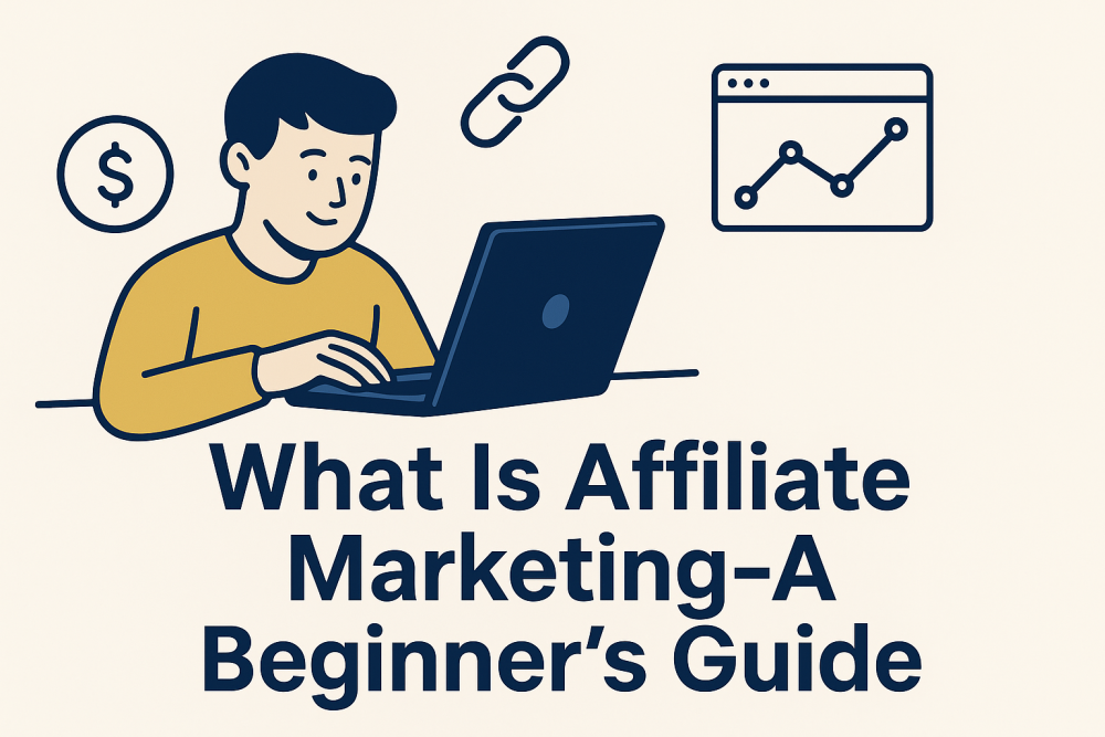 and image of a person working on a laptop with the text what is affiliate marketing - A beginner's guide