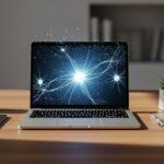 Glowing neural pattern above a laptop showing a simple view of what artificial intelligence is.