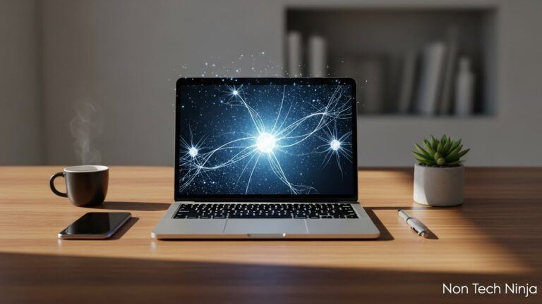 Glowing neural pattern above a laptop showing a simple view of what artificial intelligence is.