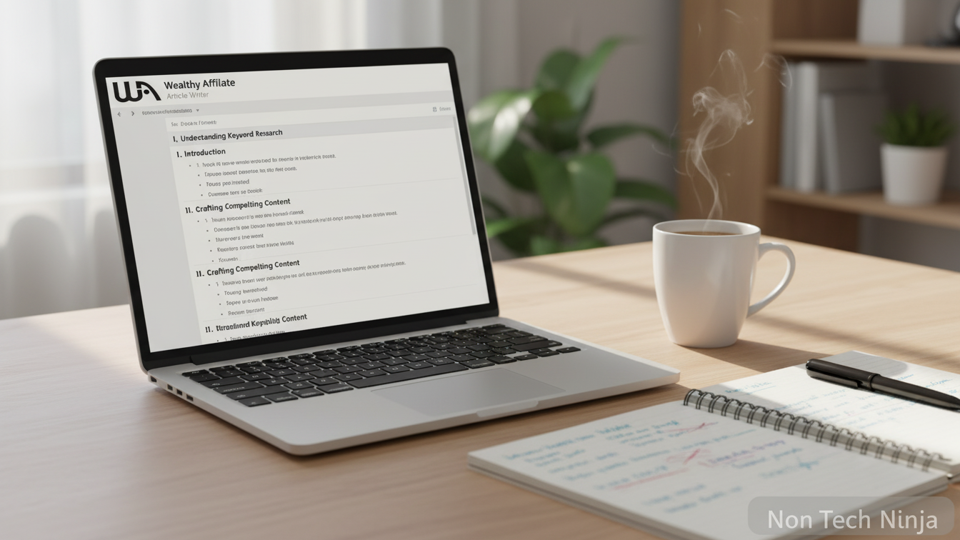 Wealthy Affiliate Article Writer showing AI-generated article outlines with human edits on a clean workspace.