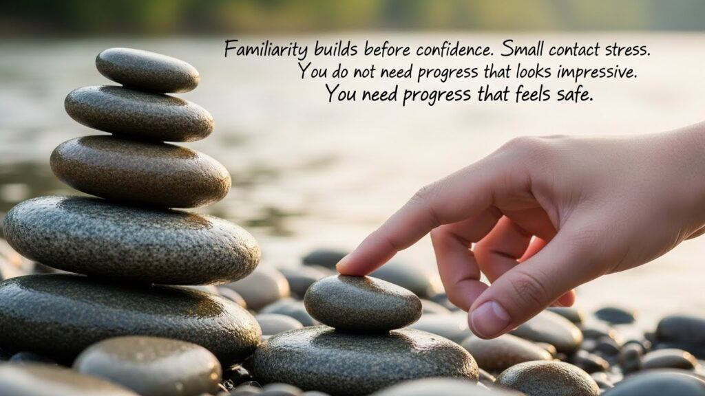 Rocks near the river stacked and the text, Familiarity builds before confidence. Small contact lowers stress. You do not need progress that looks impressive. You need progress that feels safe.