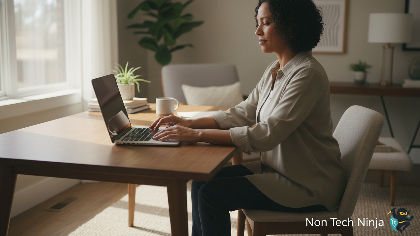 Staying calm with technology by slowing down and approaching a laptop with less pressure.