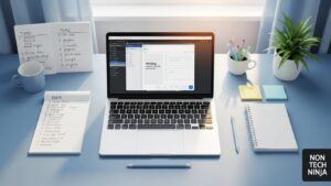 Evergreen content AI workflow with laptop, notes, and writing tools on a clean desk
