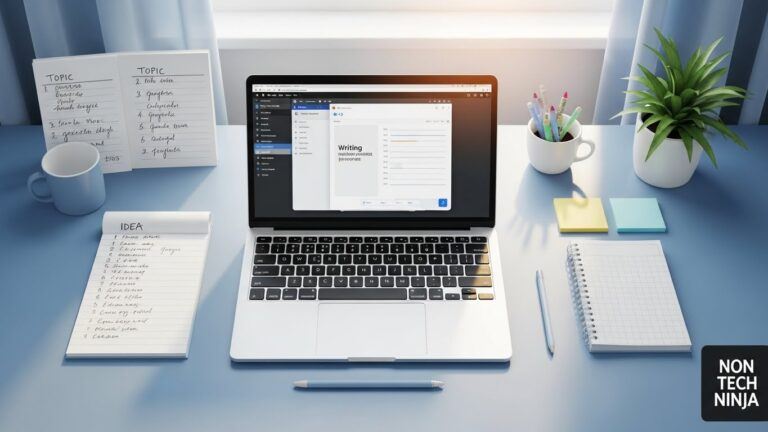 Evergreen content AI workflow with laptop, notes, and writing tools on a clean desk
