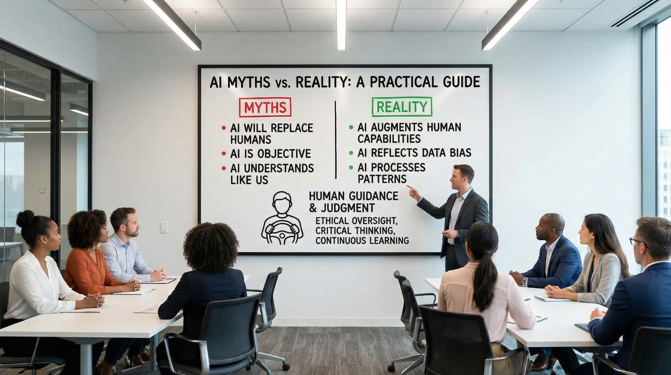 A group of office workers listens to a presenter explaining ai myths and facts on a large whiteboard, showing clear points that contrast common myths with real AI capabilities.