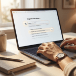 Laptop and hands typing a prompt into an AI writing tool, showing AI content creation for beginners.