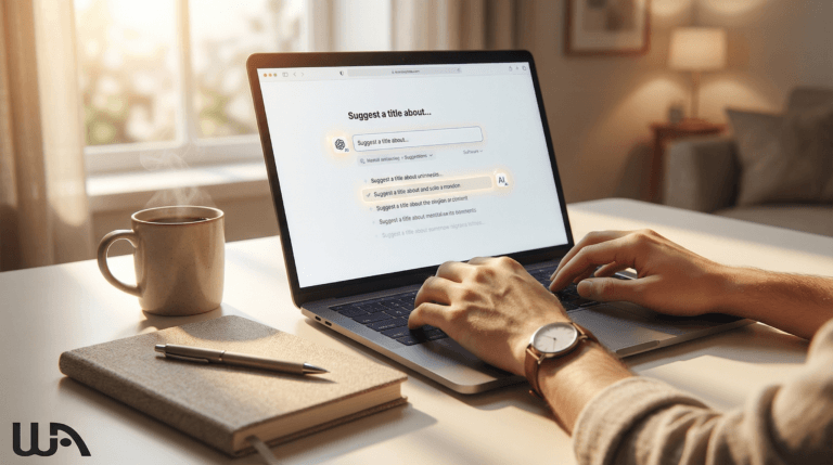 Laptop and hands typing a prompt into an AI writing tool, showing AI content creation for beginners.