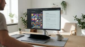 Illustration of a blogger learning how to use AI images legally on a home office computer screen while reviewing licensing terms.