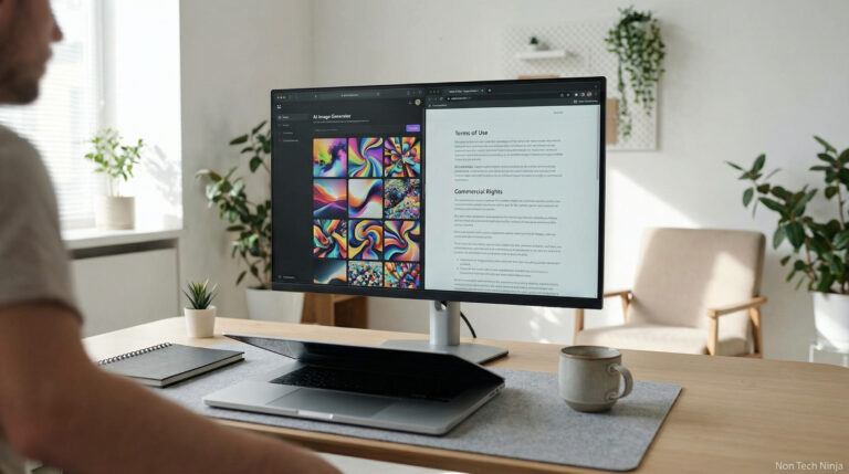 Illustration of a blogger learning how to use AI images legally on a home office computer screen while reviewing licensing terms.