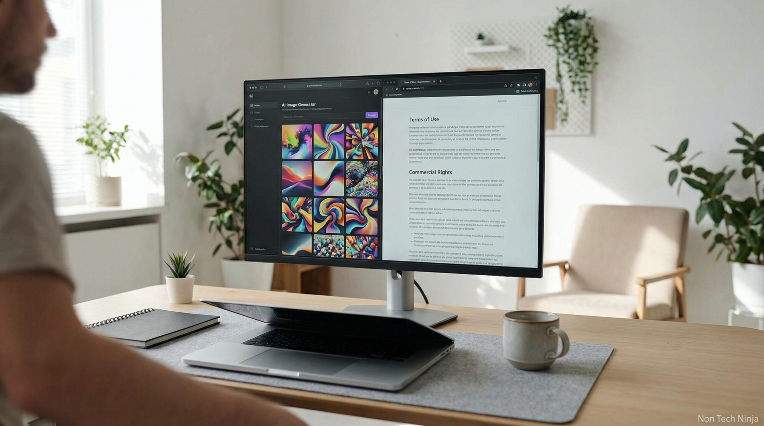 Illustration of a blogger learning how to use AI images legally on a home office computer screen while reviewing licensing terms.