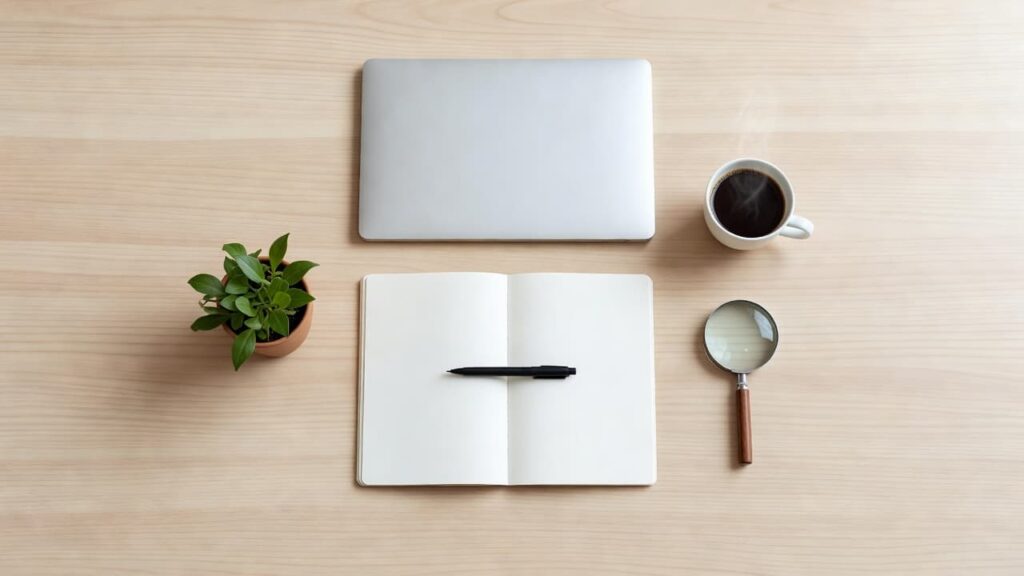 Flat lay of a beginner blogger desk with a laptop, blank notebook, coffee, and magnifying glass