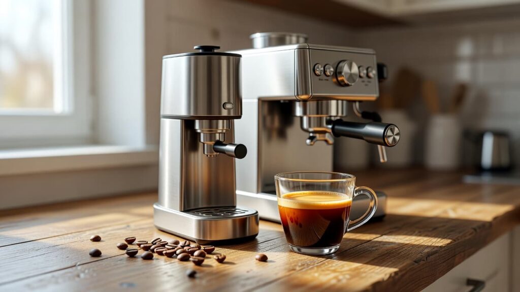 Home espresso machine and burr grinder on a kitchen counter with a fresh double shot