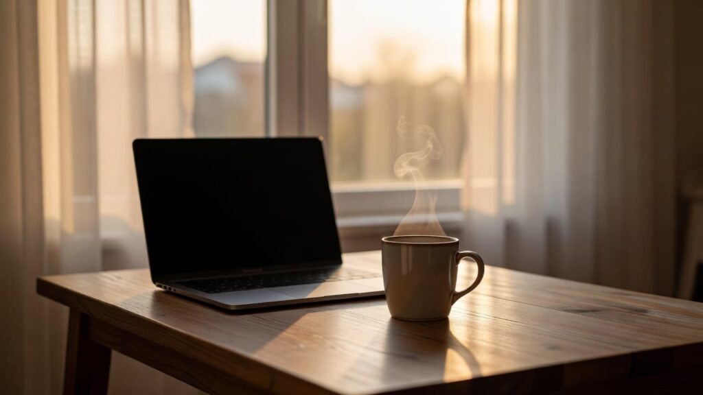 Closed laptop and steaming coffee mug on a desk in warm morning sunrise light