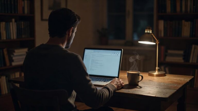 Person doing keyword research on a laptop at 2 a.m. with a warm cup of coffee