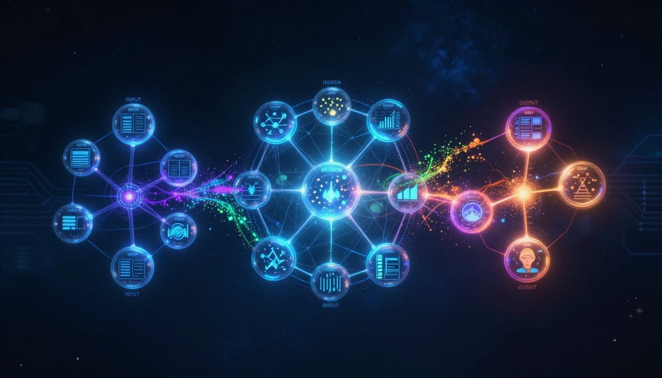 Neural network diagram showing input, hidden, and output layers for beginners