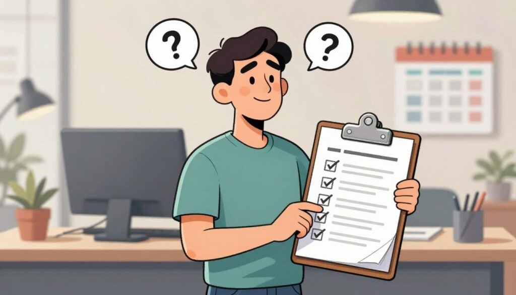 Cartoon illustration of a thoughtful adult in casual clothes standing relaxed in a modern office, holding a large clipboard with checklist lines and tick marks, question mark bubble above head, faint dashboard and calendar background.