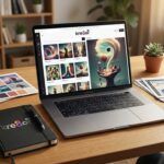 Creative workspace showing AI-generated image previews, blog layouts, and design tools for making custom visuals.