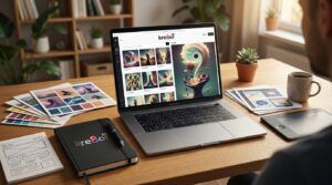 Creative workspace showing AI-generated image previews, blog layouts, and design tools for making custom visuals.