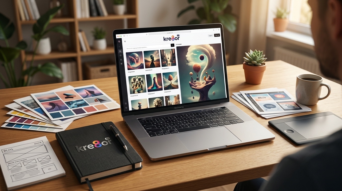 Creative workspace showing AI-generated image previews, blog layouts, and design tools for making custom visuals.