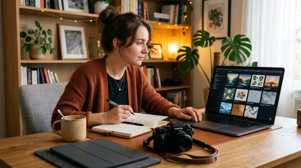 Content creator reviewing AI-generated image options for blog posts and social media graphics.