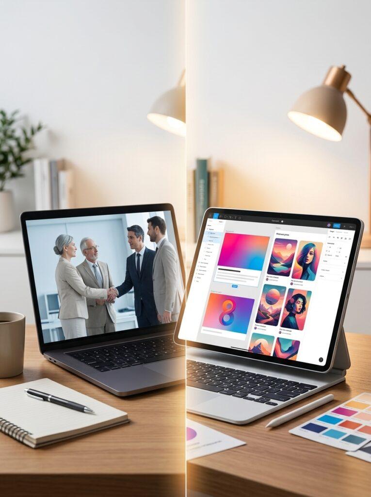 Split comparison showing generic stock photo visuals beside more original custom AI images for blog and social content.